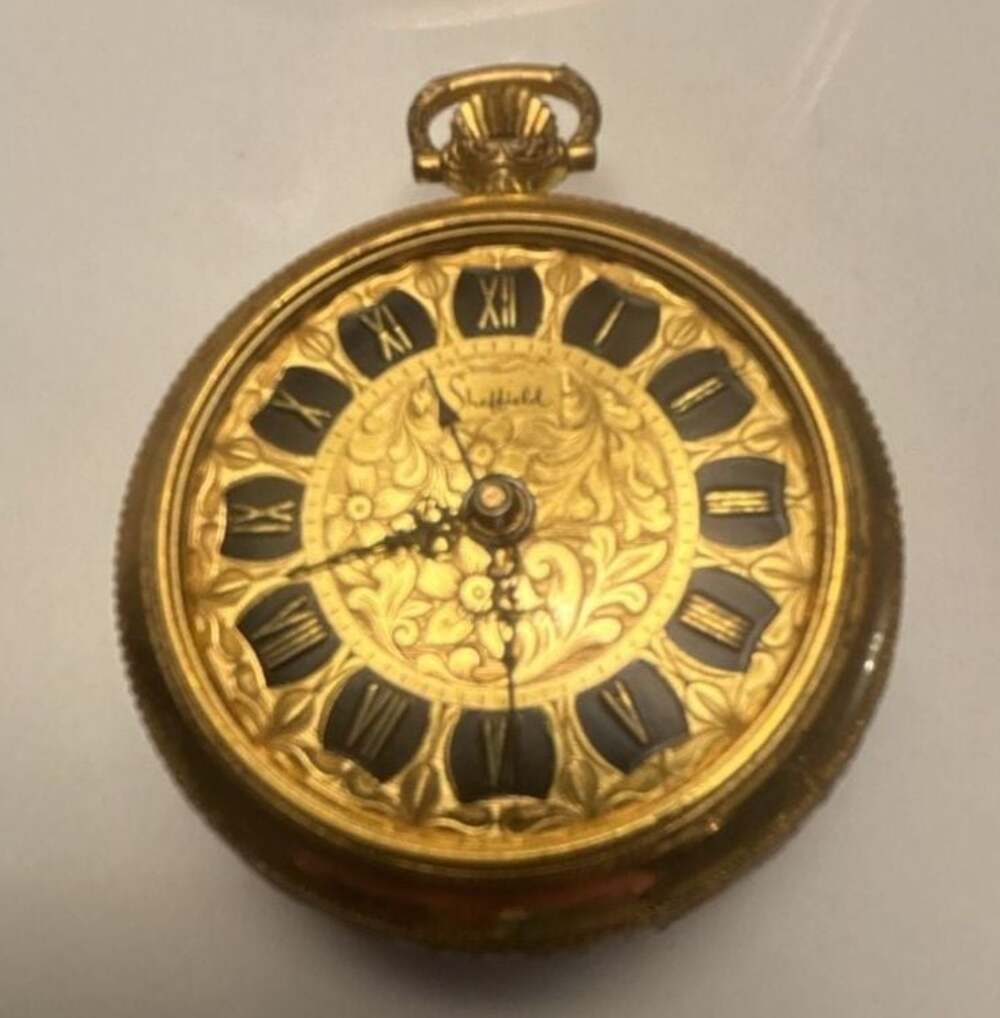 Vintage Sheffield Swiss Made Alarm Pocket Watch Gold Tone Engraved Non working